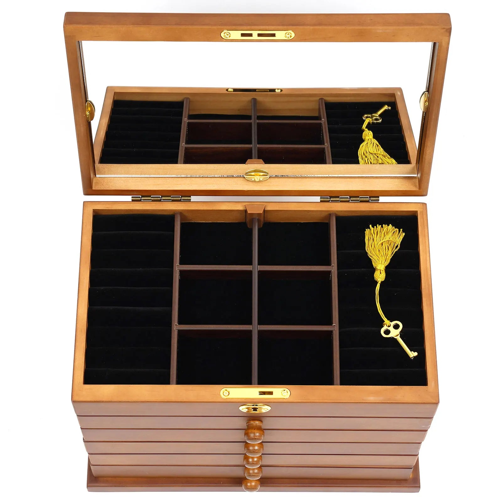Boîte Bijoux Bois Massif 6 Tiroirs Miroir Serrure