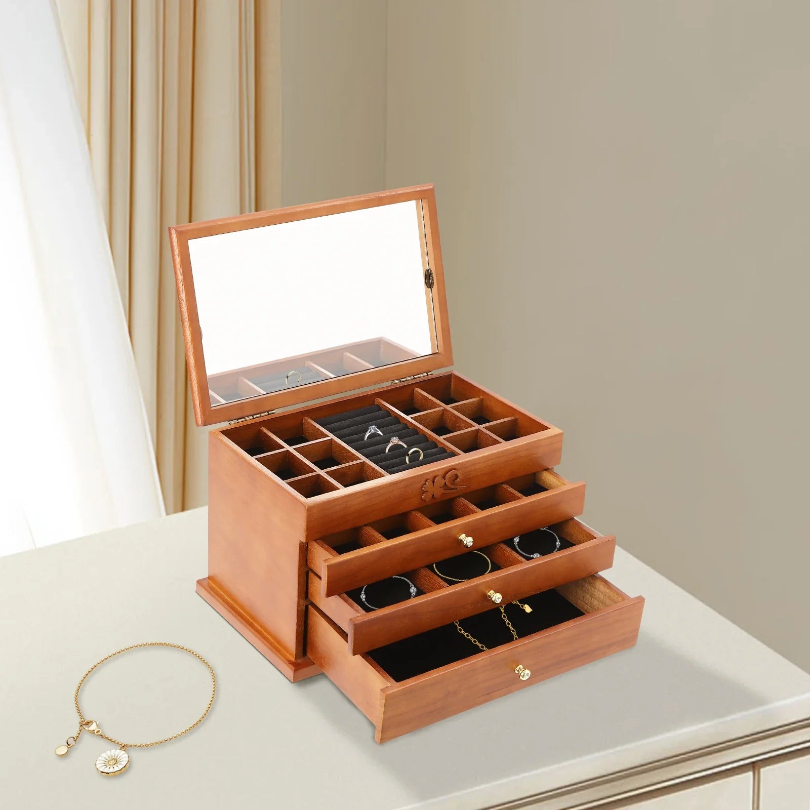 Boite Bijoux Bois Velours 4 Niveaux Miroir