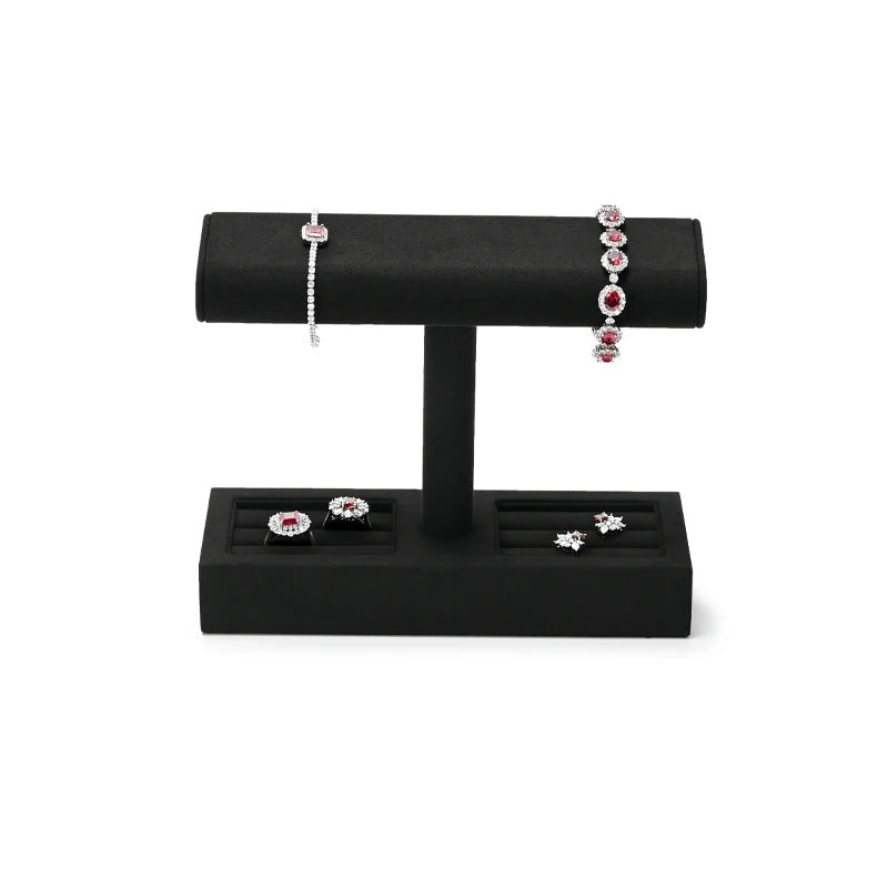 Présentoir bracelet barre en T – modèle noir avec plateau à bagues et bracelets