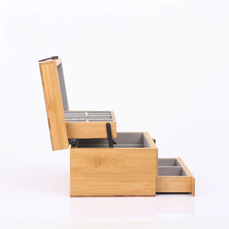 Boîte Bijoux Bois Bambou Miroir Tiroirs