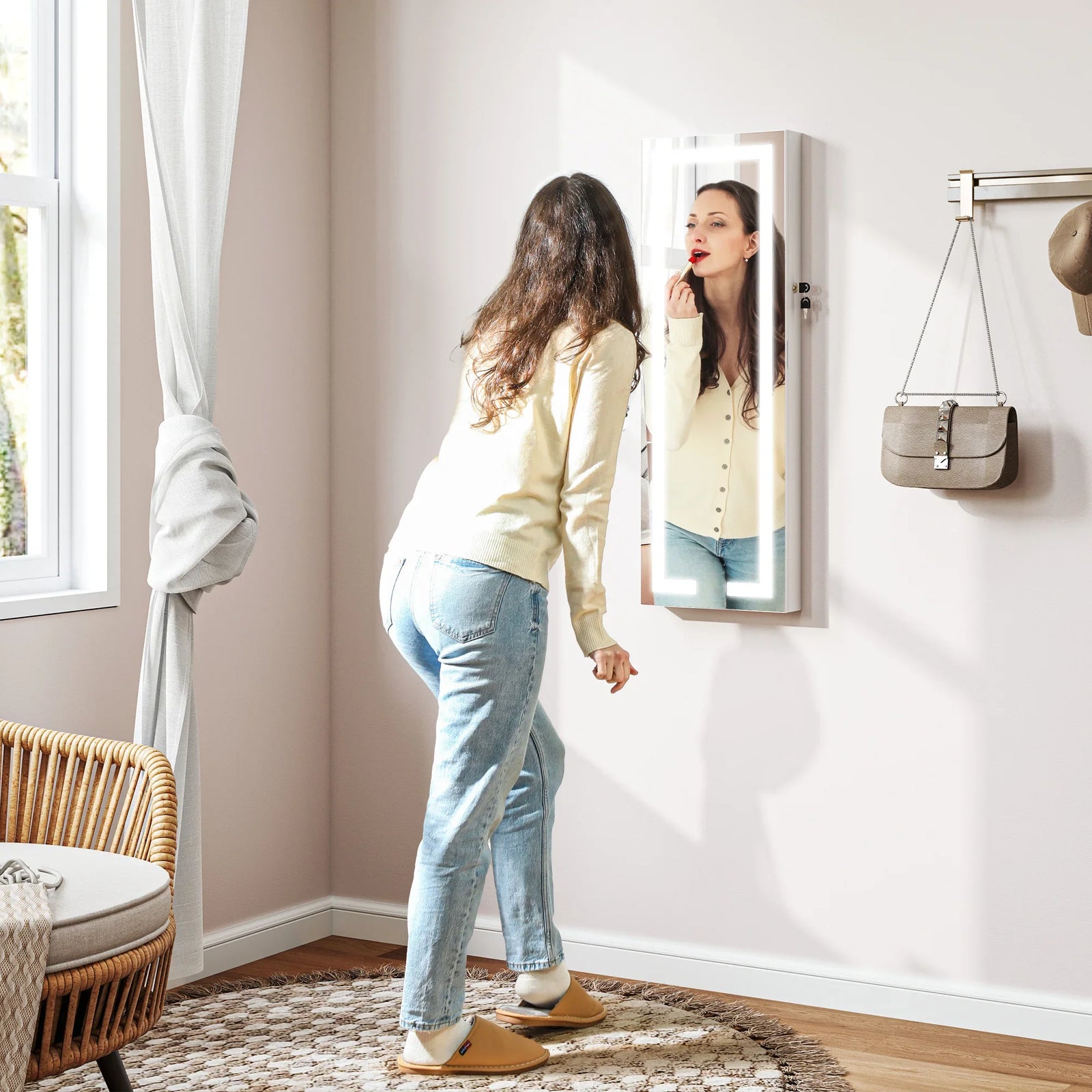 Armoire Bijoux Murale Bois Blanc LED Miroir
