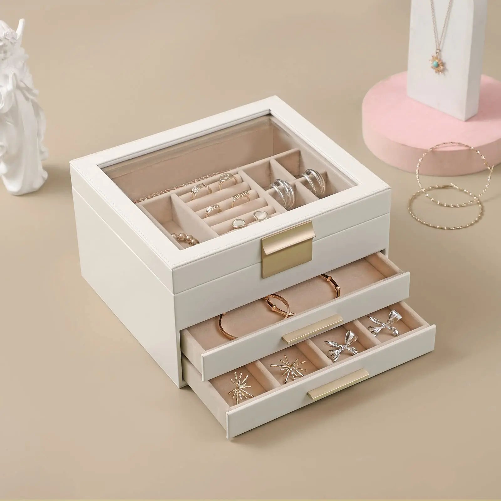 Boîte Bijoux Simili Cuir Velours Blanc Compact