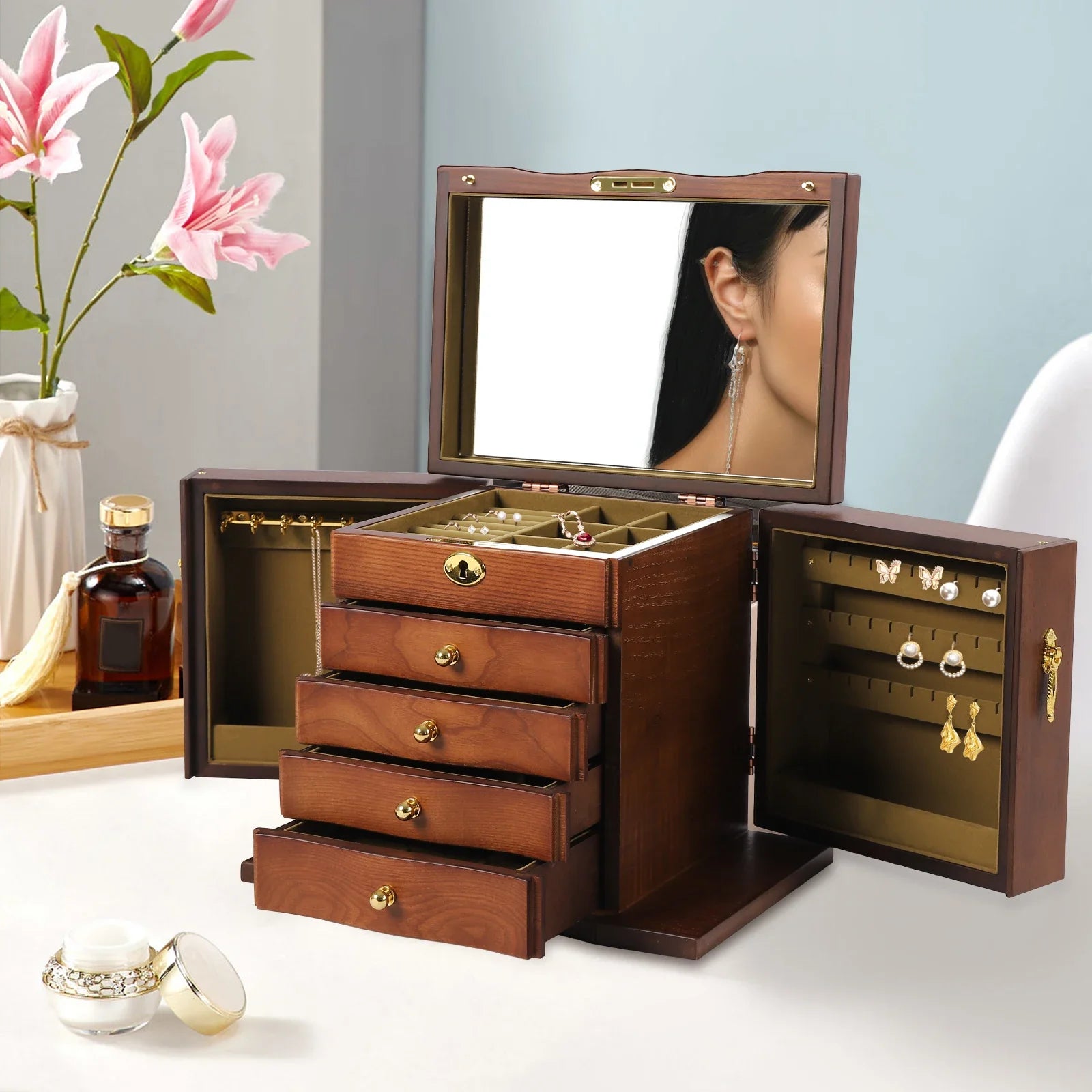 Boite Bijoux Bois Velours Vintage 5 Niveaux