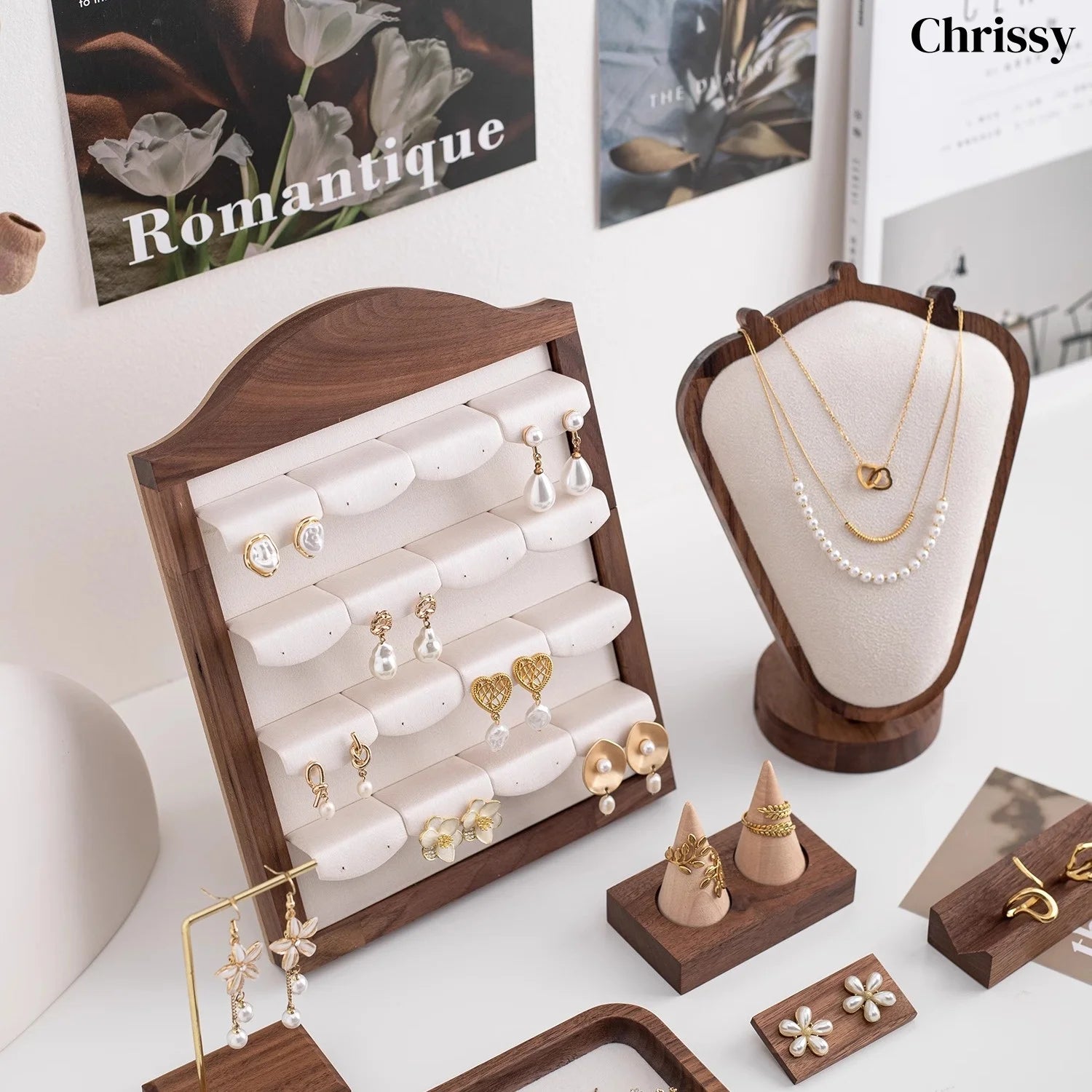 Présentoir Bijoux Bois Noyer Luxe Multi Niveaux