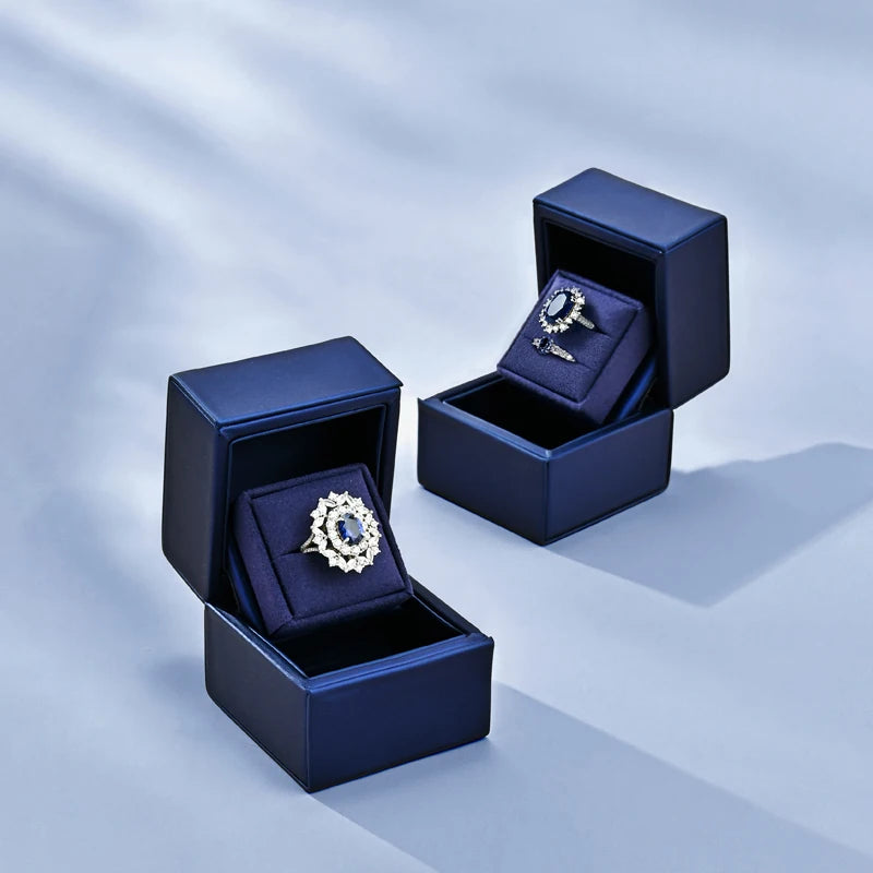 Boîte Bague Cuir Bleu Couple Mariage Diamant