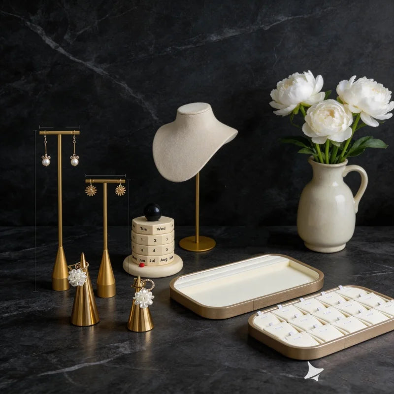 Plateaux Velours Beige Bijoux Multi-Compartiments Vitrine