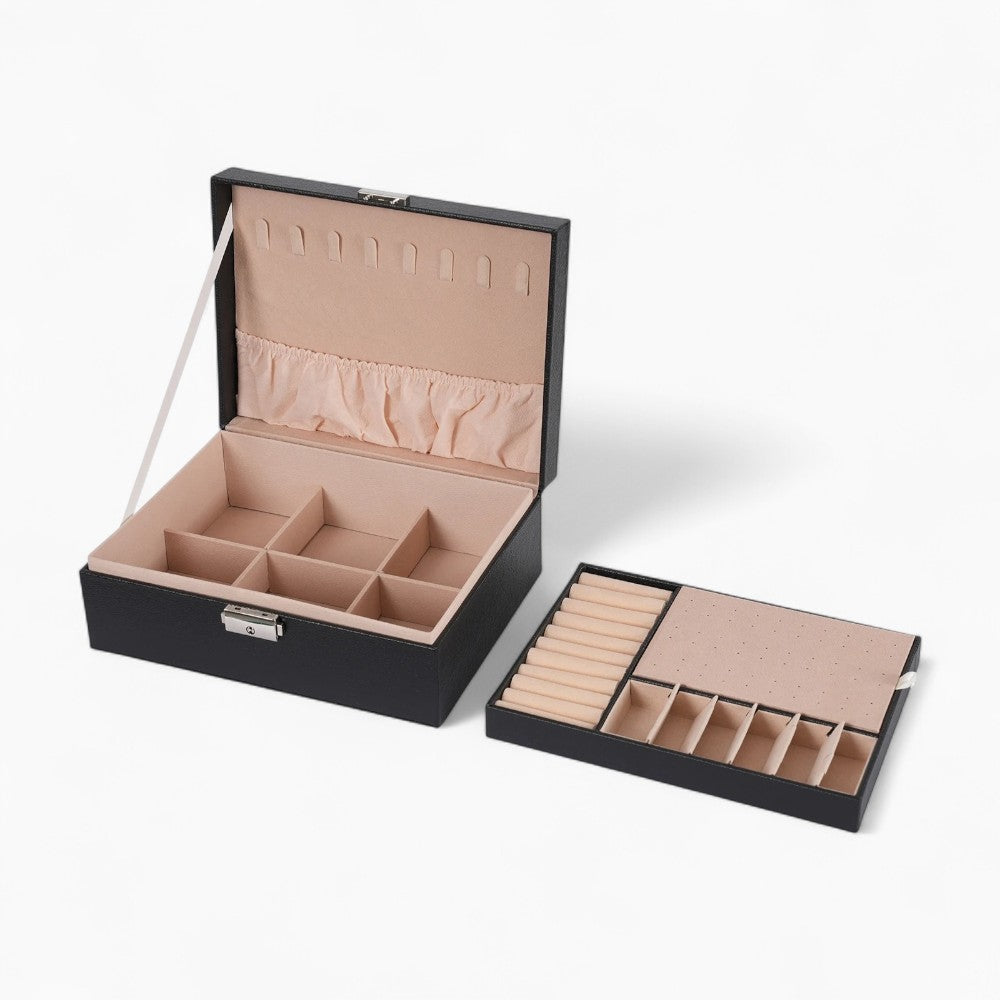 Boîte Bijoux Cuir Noir Velours Verrouillage