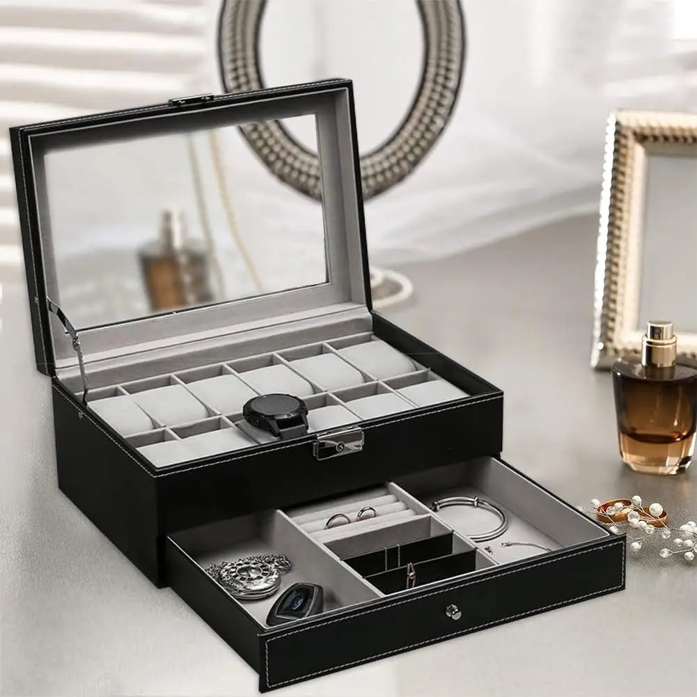 Boîte à Montres Simili Cuir Double Niveau Tiroir