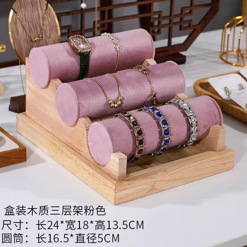 Présentoir Bijoux Velours Rose Bois Multifonction