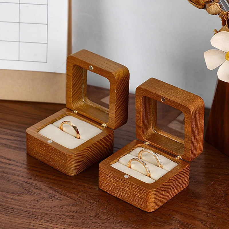 Boîte à Bague Carrée en Bois avec Fenêtre, 1 ou 2 Bagues