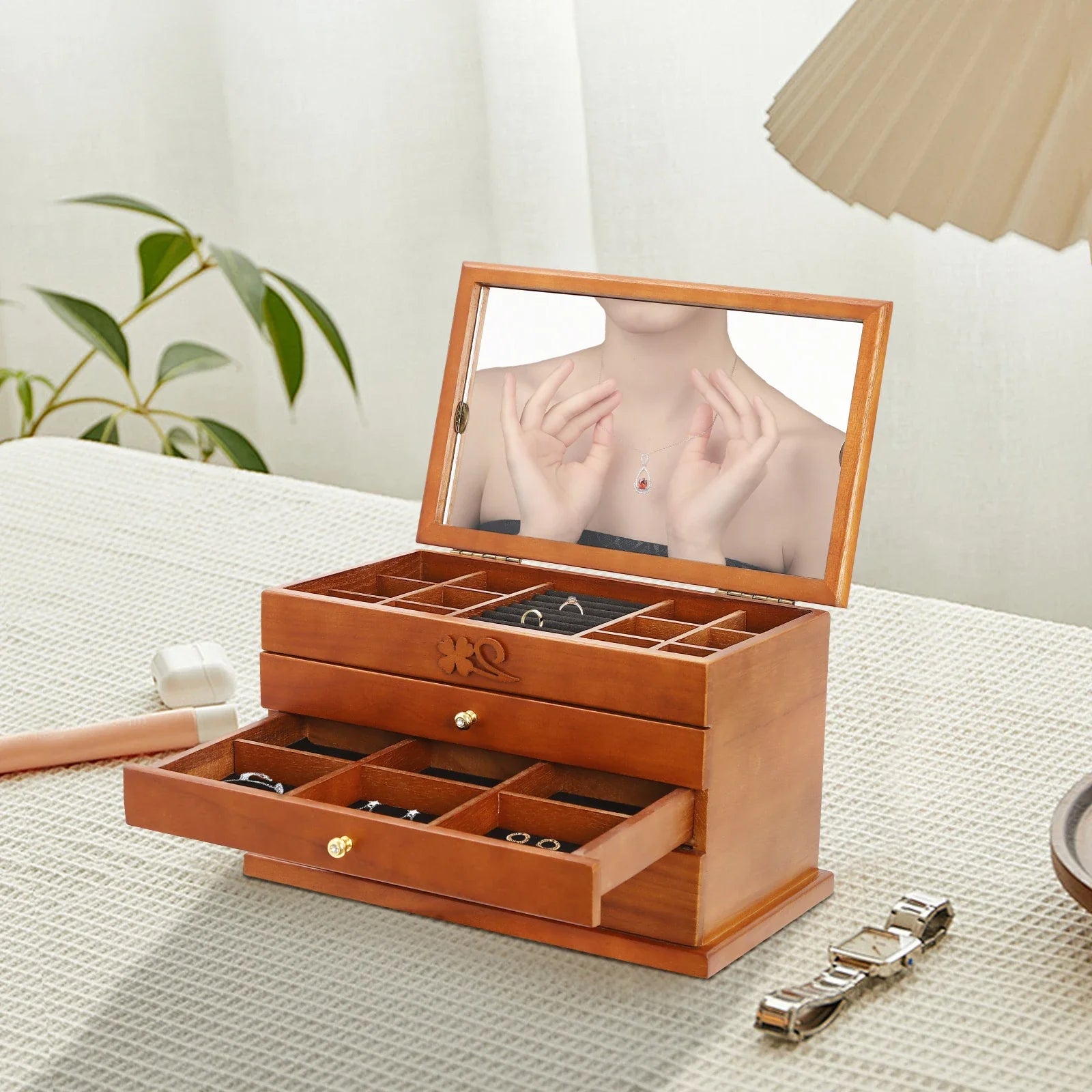 Boite Bijoux Bois Velours 4 Niveaux Miroir