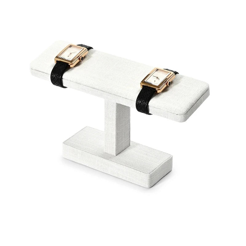 Présentoir bracelet barre en T – modèle lin gris au socle simple avec deux montres