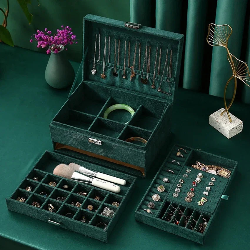 Boite Bijoux Velours Vert Emeraude Double Niveau