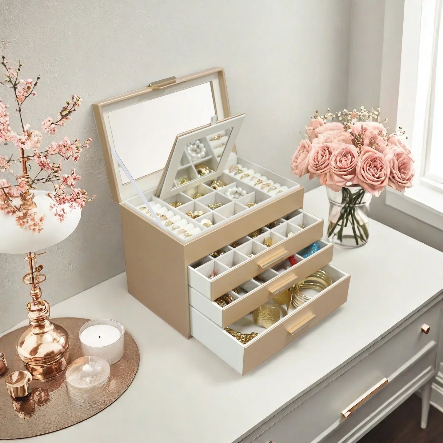 Boîte à Bijoux Cuir Miroir Coffret Noir