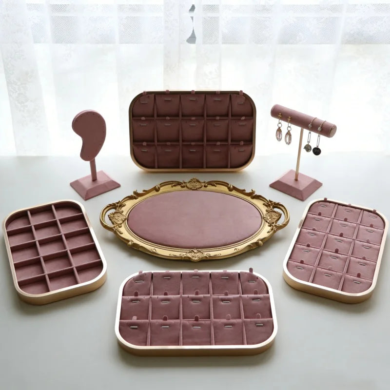 Plateau Bijoux Velours Rose Métal Multifonction