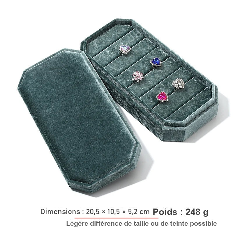 Boîte à bagues velours vert – plateau à rainures avec bagues et couvercle