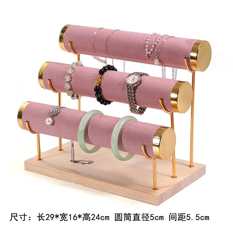 Présentoir Bijoux Velours Rose Bois Multifonction