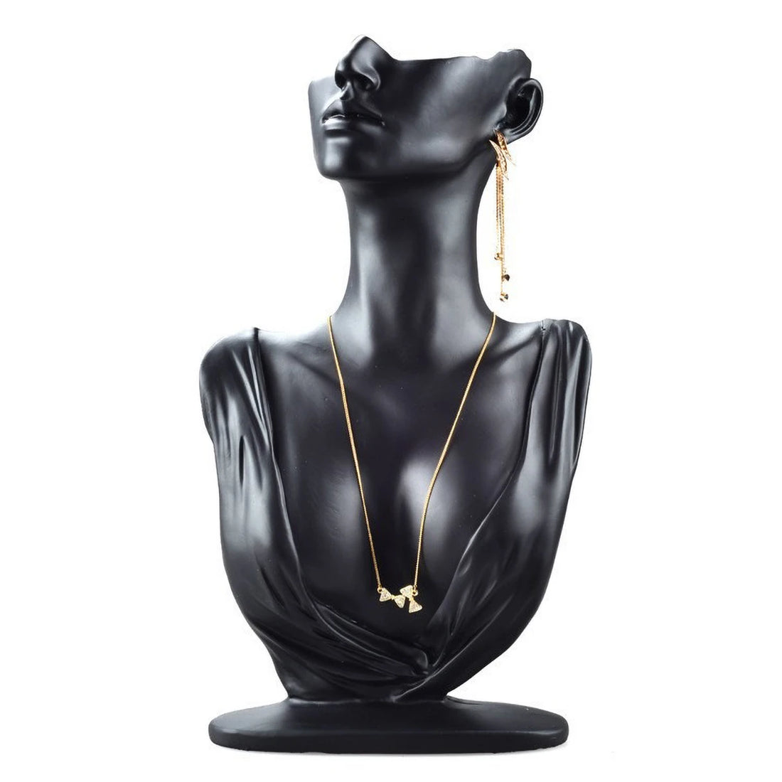 Buste bijoux résine femme drapée – buste noir avec collier, fond blanc