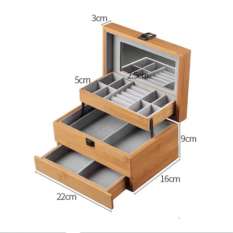 Boîte Bijoux Bois Bambou Miroir Tiroirs
