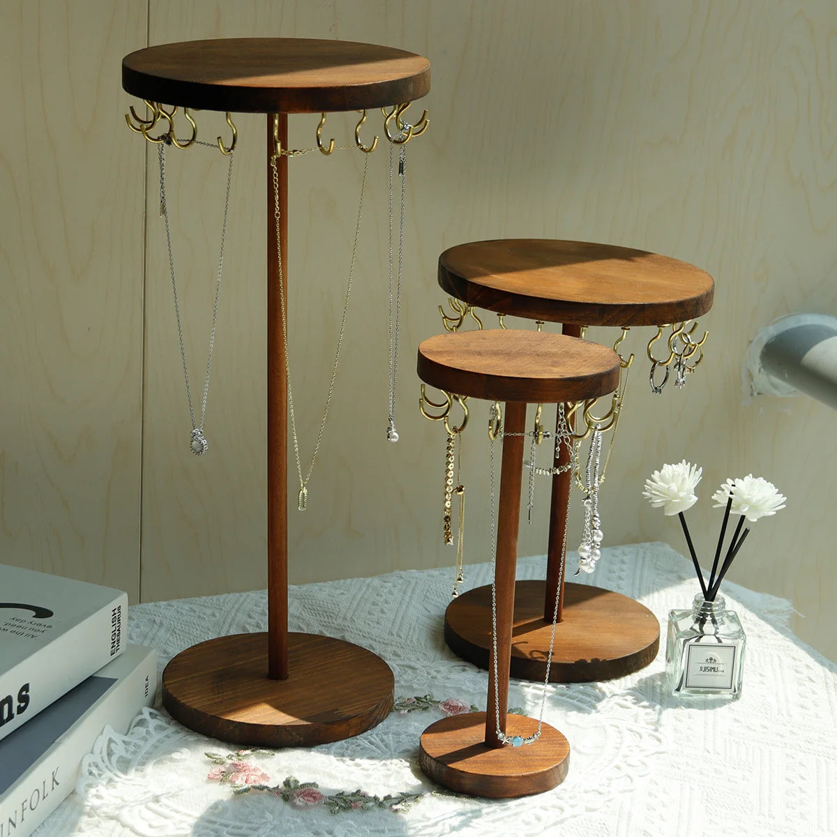 Porte Bijoux Bois Noyer Crochets Présentoir