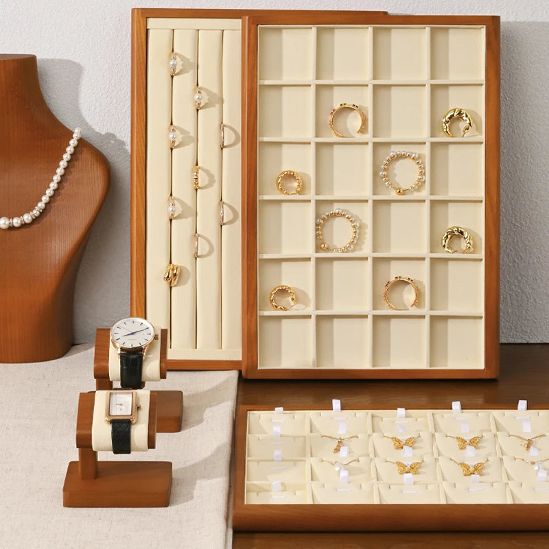 Plateau Bijoux Bois Velours Beige Multi-Configurations