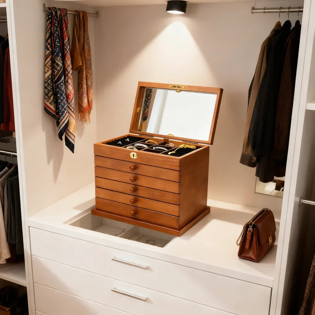 Boîte Bijoux Bois 6 Niveaux Miroir Serrure Classique