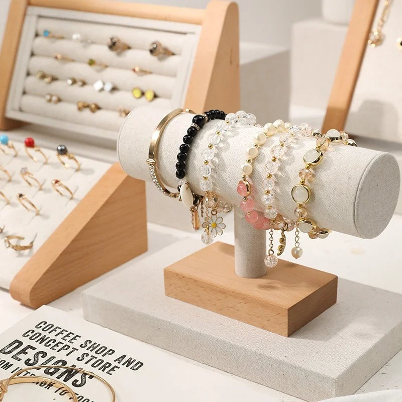 Présentoir Bijoux Bois Hêtre et Lin à la Pièce, 6 Articles