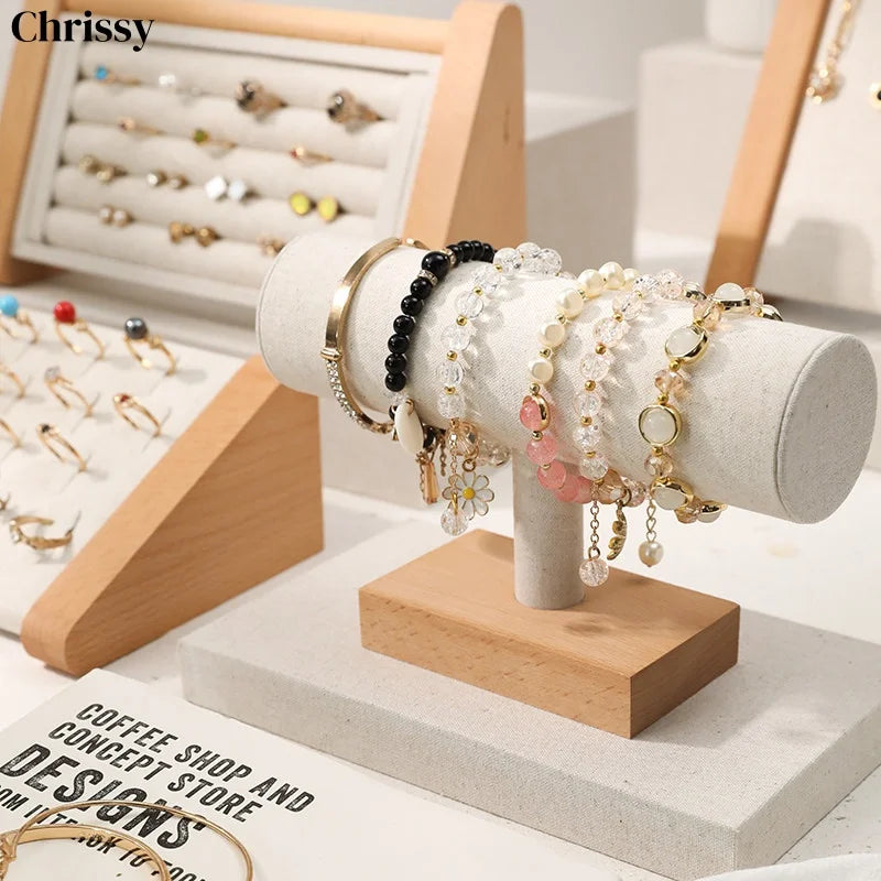 Porte Collier Bois Hêtre Lin Bracelet