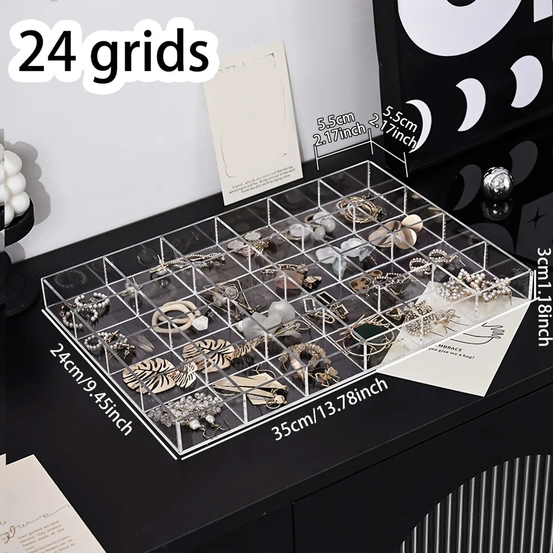 Plateau transparent 24 cases – vue d'ensemble avec les dimensions