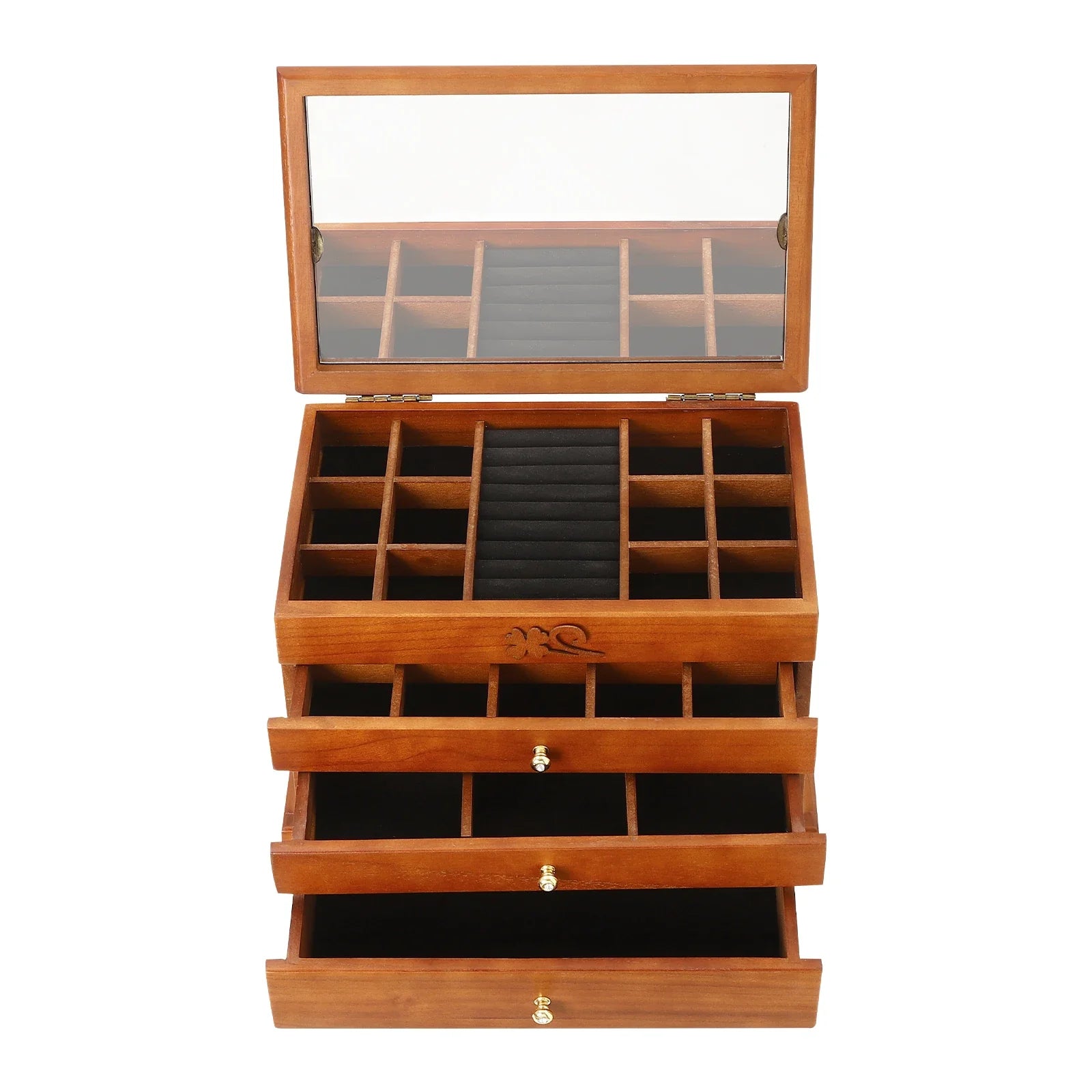 Boîte à Bijoux Bois Massif 4 Tiroirs Velours