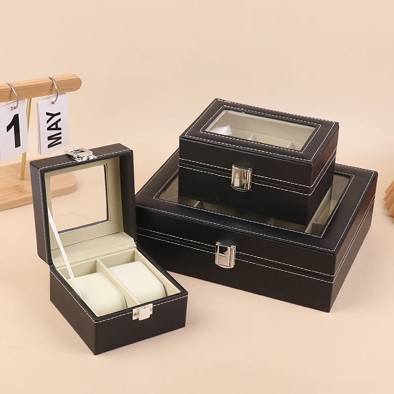 Boîte Montre Cuir Noir Verre Coussin Amovible