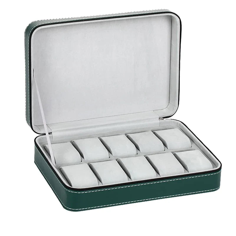Étui Montre Cuir Coffret Zippé Vert 6 10 12