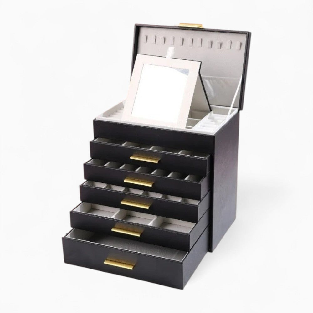 Boîte à Bijoux Cuir 5 Tiroirs Miroir Luxe