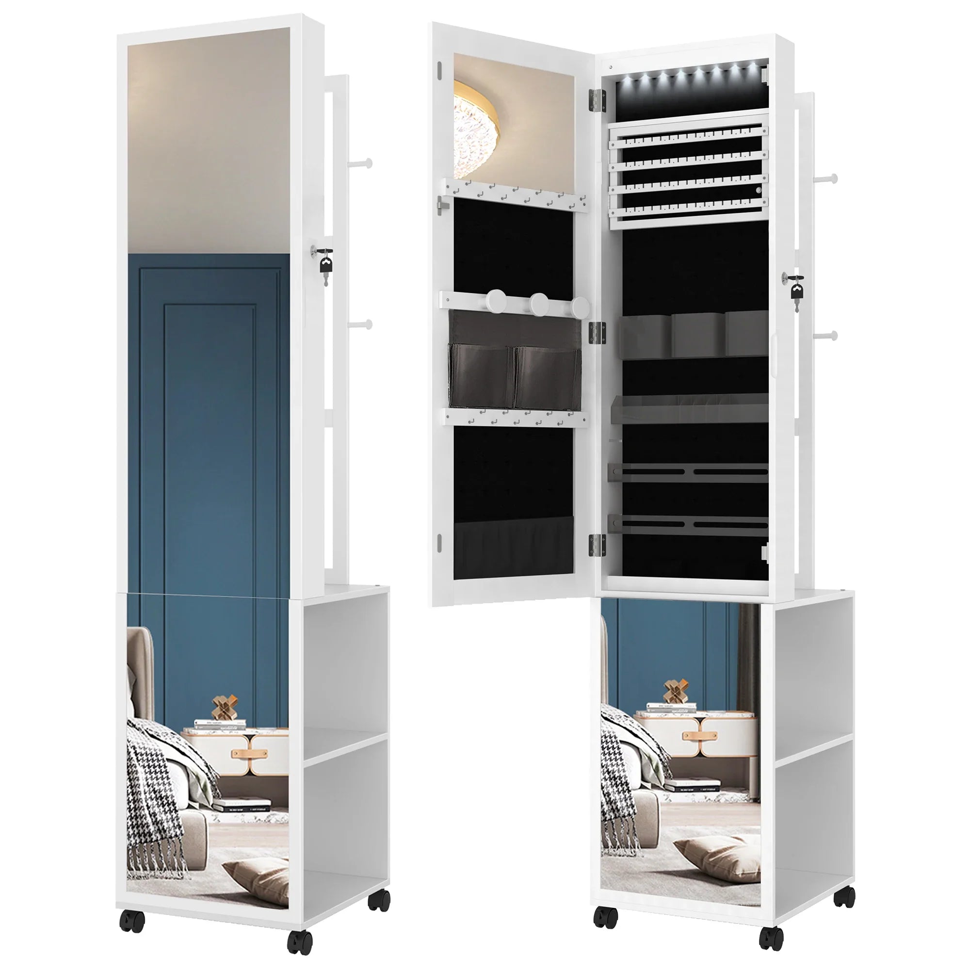 Boîte à Bijoux Bois Armoire Pied Rotative Miroir