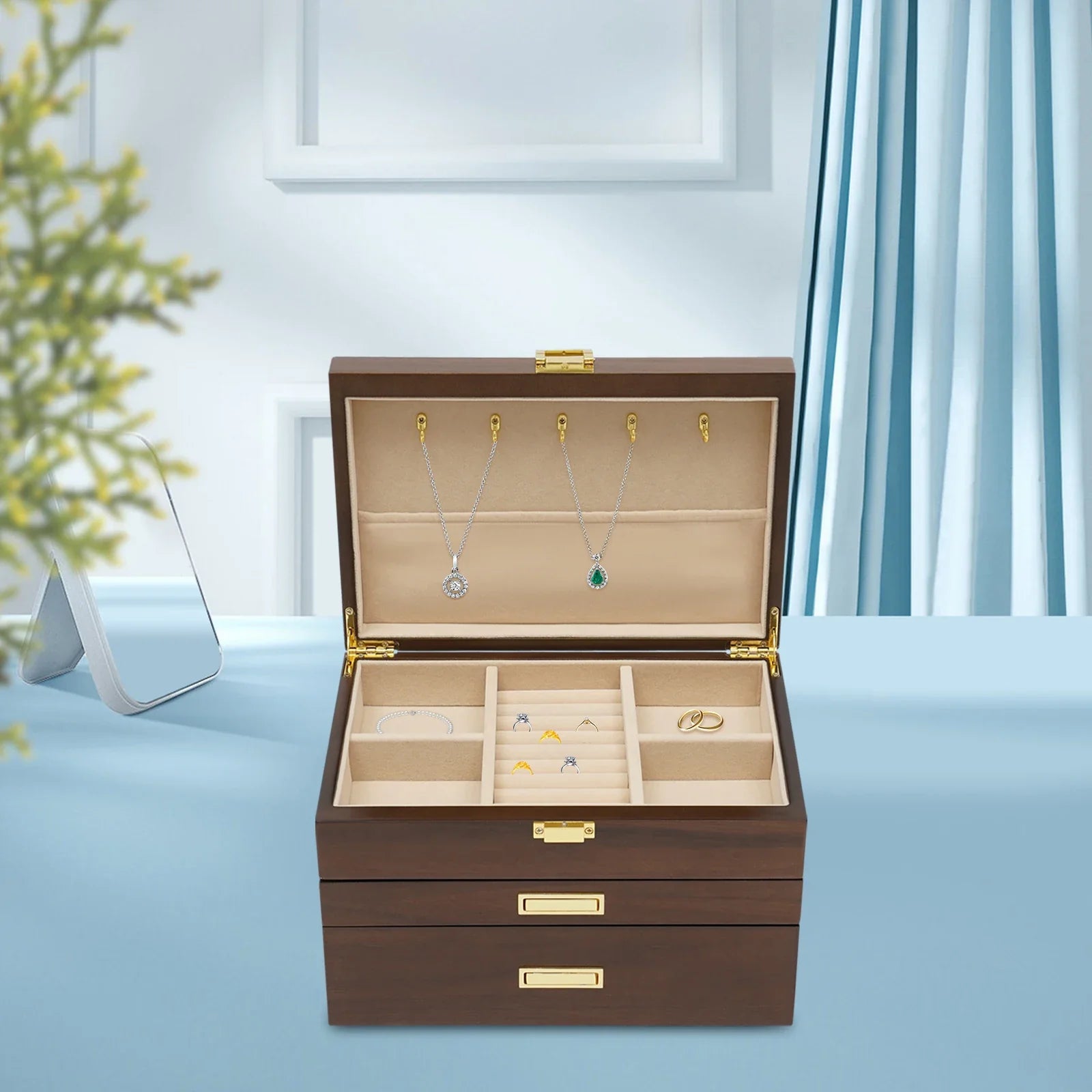 Boite Bijoux Bois Velours Japonais 3 Niveaux