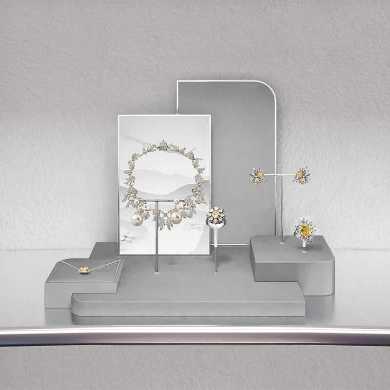 Présentoir Bijoux Velours Gris Comptoir Vitrine