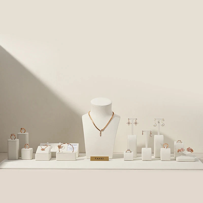 Présentoir Bijoux Velours Beige Bague Collier