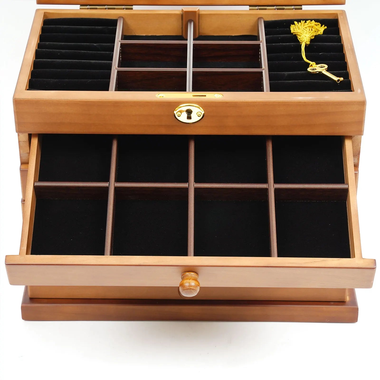 Boîte Bijoux Bois Massif 6 Tiroirs Miroir Serrure