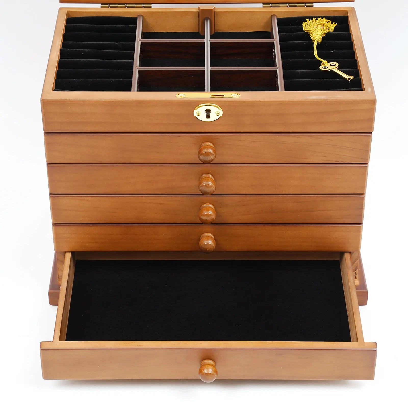 Boîte Bijoux Bois Massif 6 Tiroirs Miroir Serrure