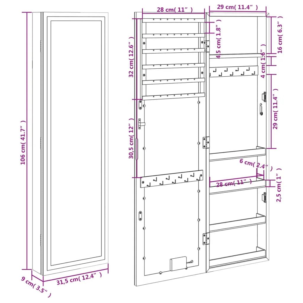 Boîte Bijoux Bois Murale Blanche LED 106 cm