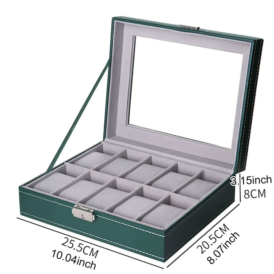 Boîte à montres à clé – verte 10 places, dimensions