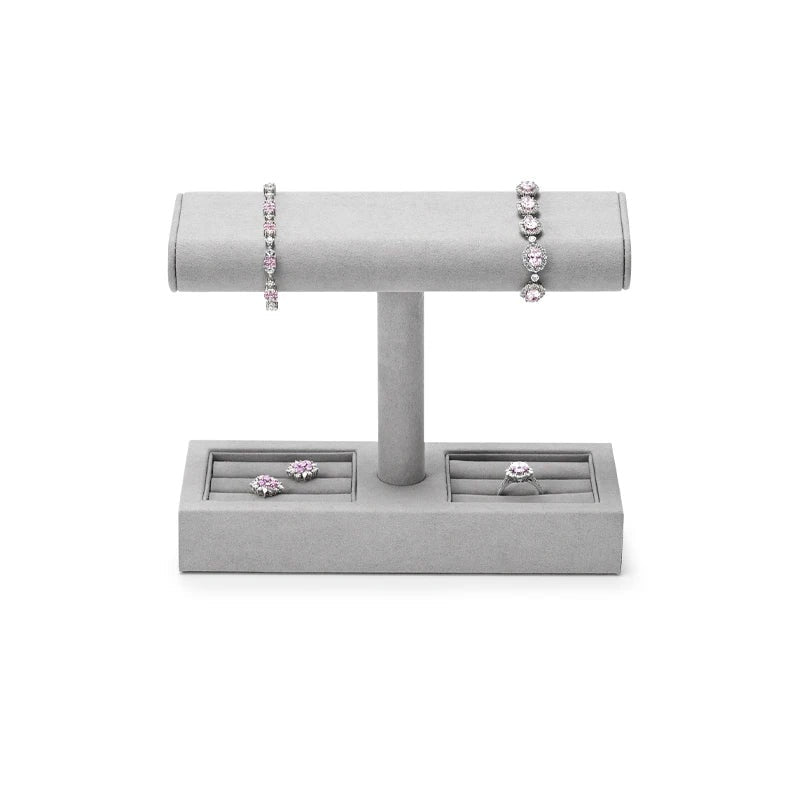 Présentoir bracelet barre en T – modèle gris avec plateau à bagues et bracelets