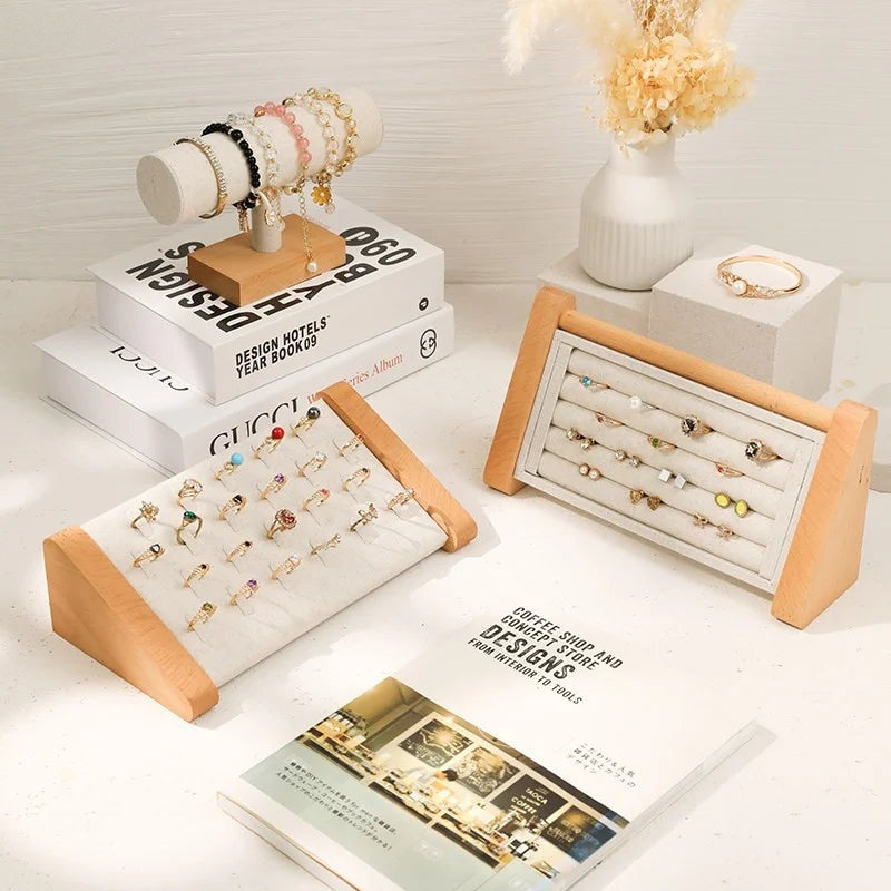 Présentoir Bague Bois de Hêtre Toile de Lin Écru