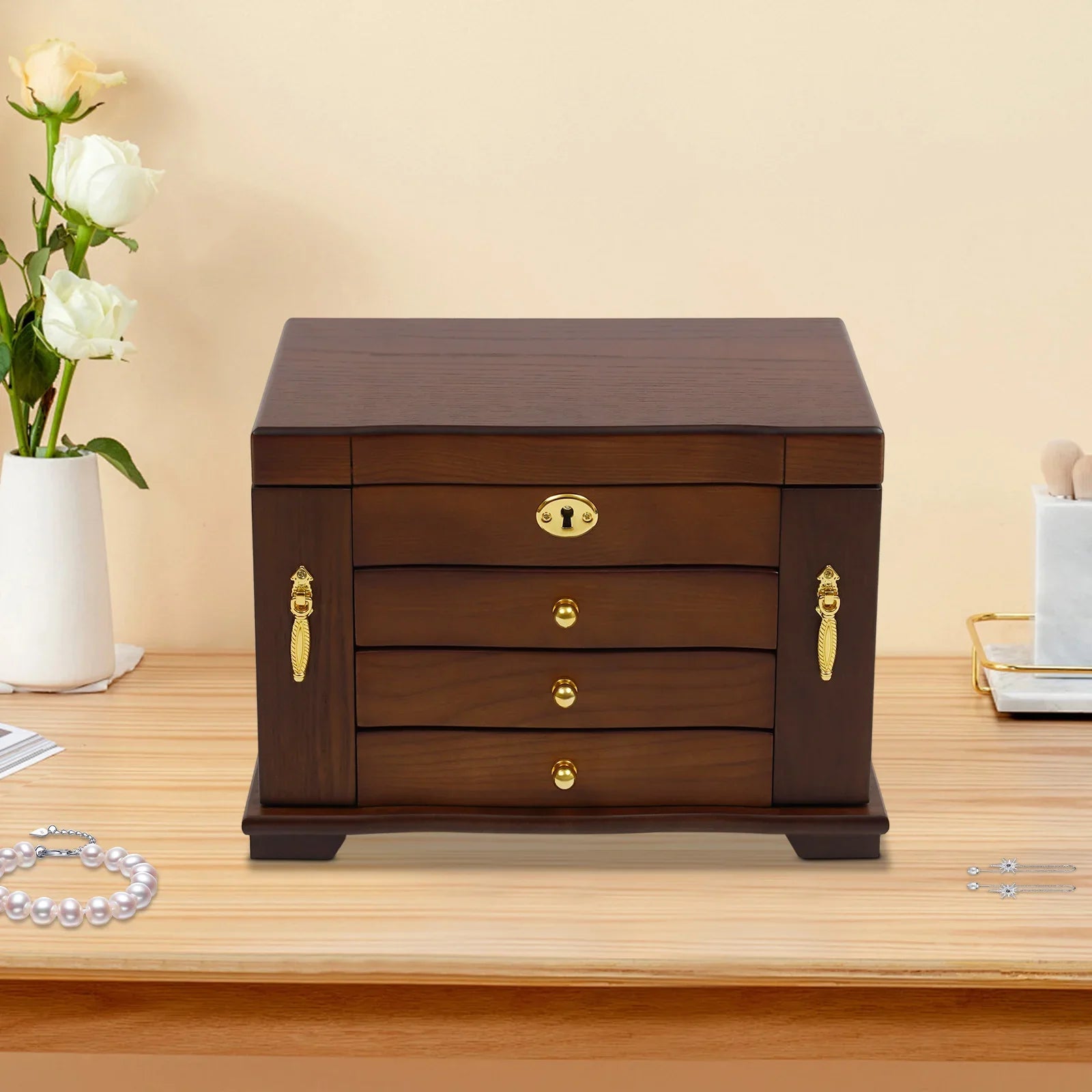 Boîte à Bijoux Bois MDF Velours 4 Niveaux Miroir