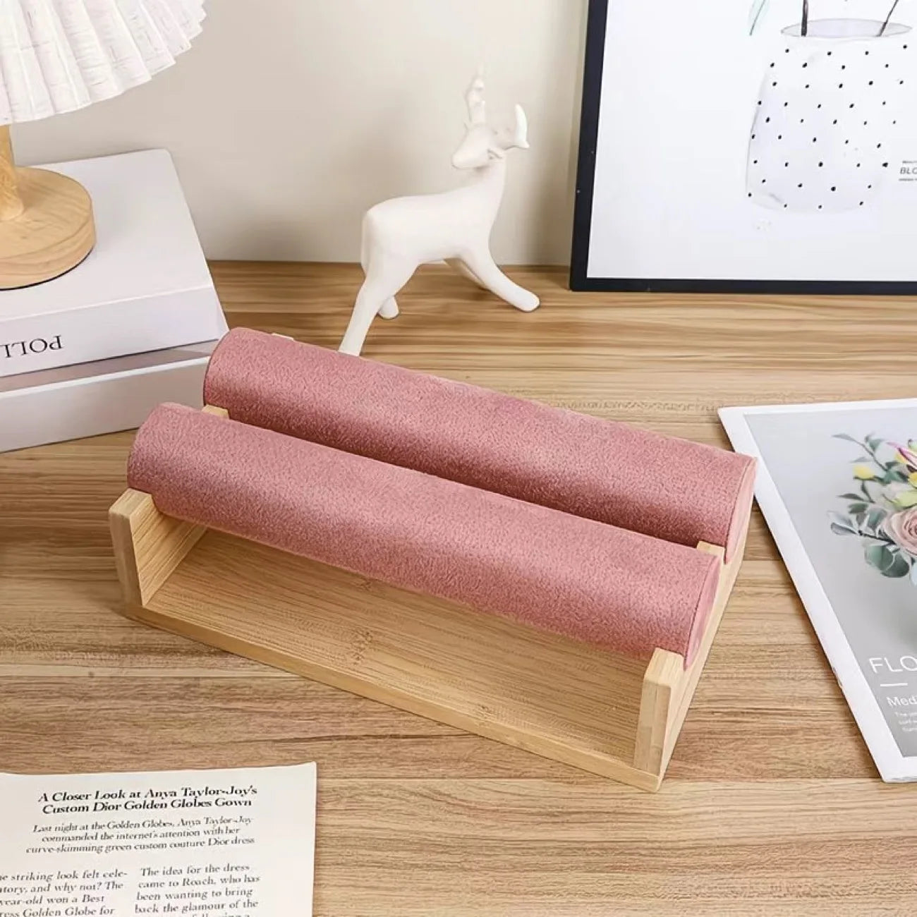Présentoir Bijoux Velours Rose Bois Multifonction