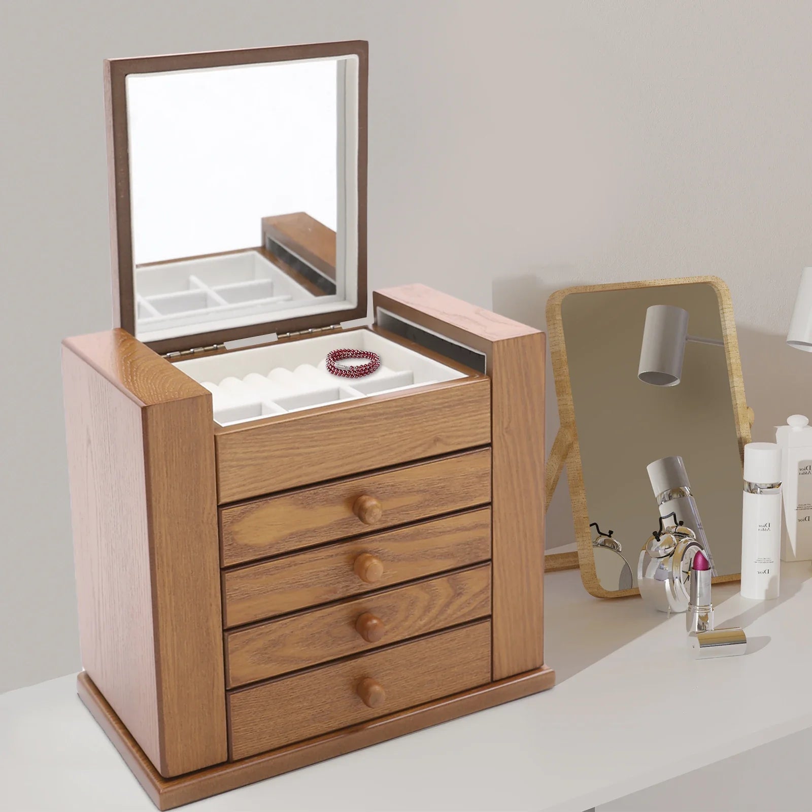 Boîte à Bijoux Bois 4 Tiroirs Miroir Intégré