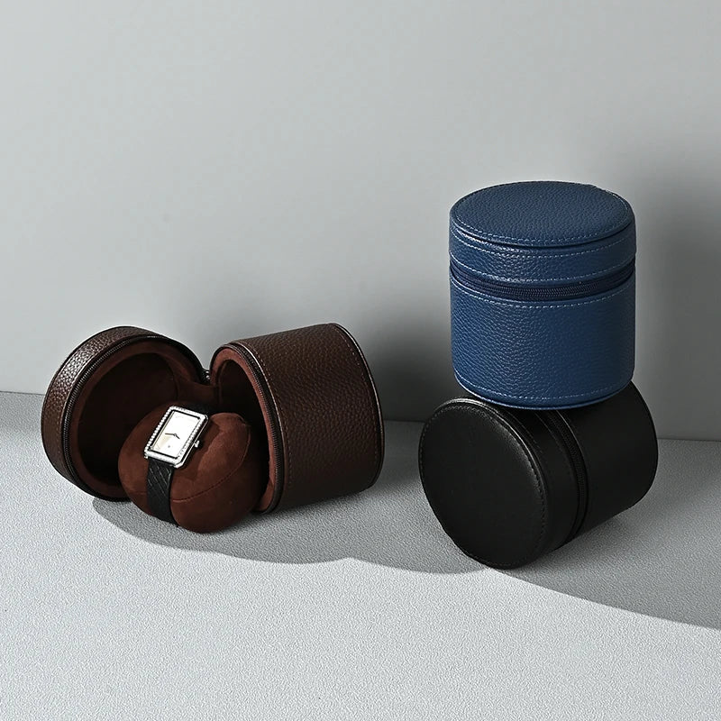 Boîte Montre Cuir Voyage Ronde Compact