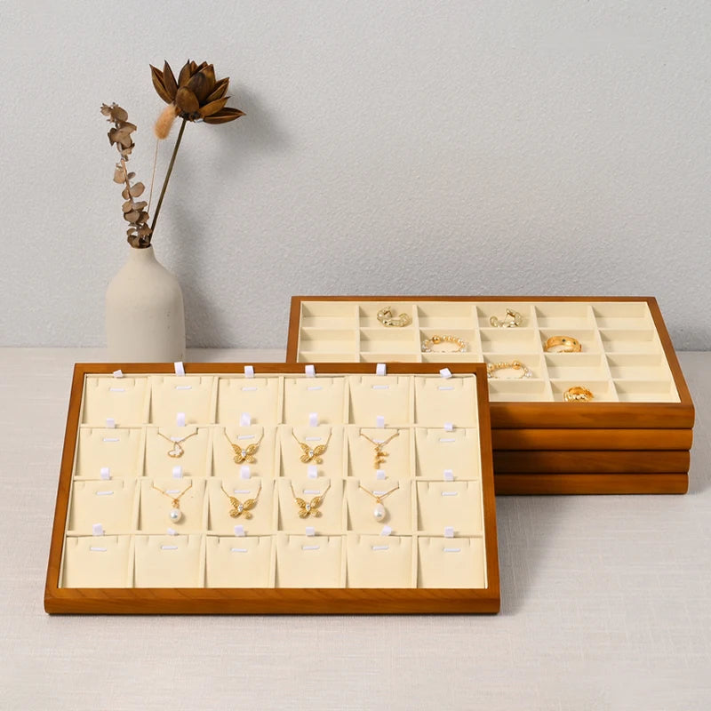 Plateau Bijoux Bois Velours Beige Multi-Configurations