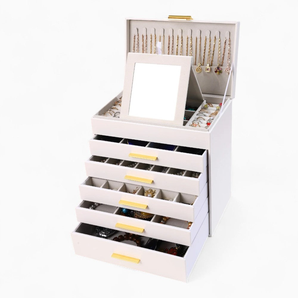 Boîte à Bijoux Cuir 5 Tiroirs Miroir Luxe