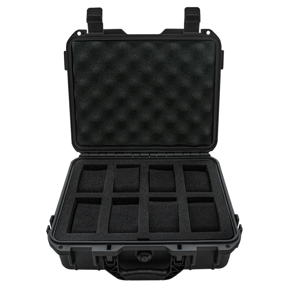 Boîte à montres valise rigide – valise de 8 montres ouverte, couvercle en mousse